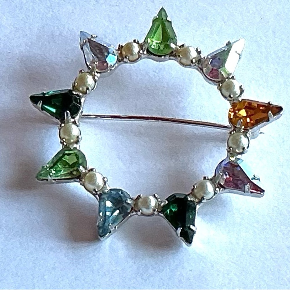 Vintage B David Multicolor Rhinestone Circle Brooch